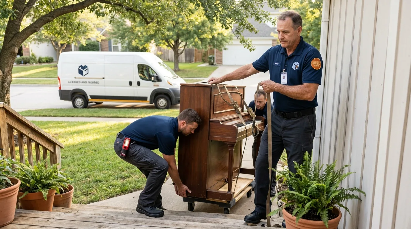 Licensed piano movers securing grand piano in Cincinnati, OH